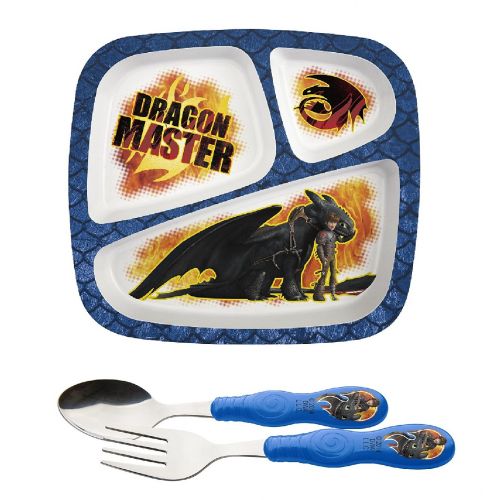  Zak! Designs How to Train Your Dragon 3-Section BPA-Free Plastic Plate & Stainless Steel Fork and Spoon Set