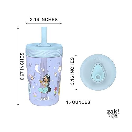  Zak Designs Disney Princess Kelso Toddler Cups For Travel or Home, 15oz 2-Pack Plastic Sippy Cups, Leak-Proof For Kids (Ariel, Aurora, Belle, Cinderella, Jasmine, Mulan, Rapunzel, Tiana)