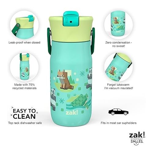  Zak Designs Harmony Minecraft Kid Water Bottle for Travel or At Home, 14oz Recycled Stainless Steel is Leak-Proof When Closed and Vacuum Insulated (Turtle, Fox, Panda, Allay)
