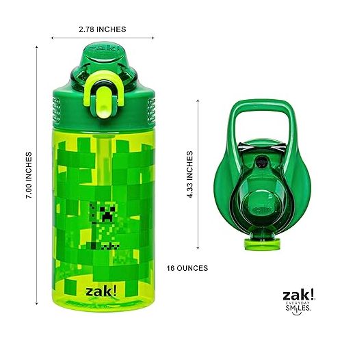  Zak Designs Sage Minecraft Kids Water Bottle For School or Travel, 16oz Durable Plastic Water Bottle With Straw, Handle, and Leak-Proof, Pop-Up Spout Cover (Creeper)