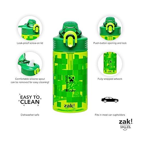  Zak Designs Sage Minecraft Kids Water Bottle For School or Travel, 16oz Durable Plastic Water Bottle With Straw, Handle, and Leak-Proof, Pop-Up Spout Cover (Creeper)