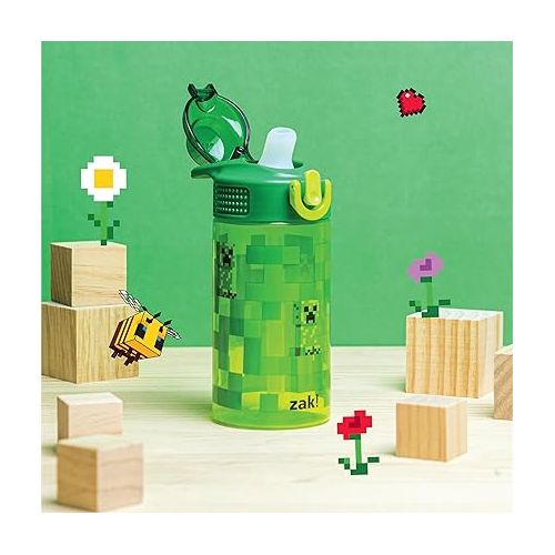  Zak Designs Sage Minecraft Kids Water Bottle For School or Travel, 16oz Durable Plastic Water Bottle With Straw, Handle, and Leak-Proof, Pop-Up Spout Cover (Creeper)