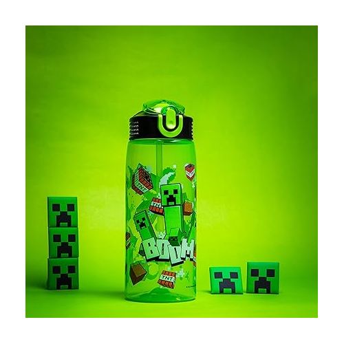  Zak Designs Minecraft Water Bottle For School or Travel, 25 oz Durable Plastic Water Bottle With Straw, Handle, and Leak-Proof, Pop-Up Spout Cover (Creeper)