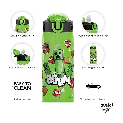  Zak Designs Minecraft Water Bottle For School or Travel, 25 oz Durable Plastic Water Bottle With Straw, Handle, and Leak-Proof, Pop-Up Spout Cover (Creeper)