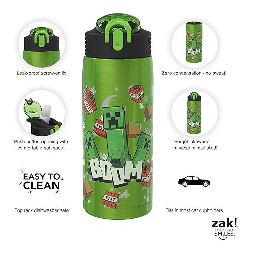  Zak Designs Minecraft Water Bottle for Travel and At Home, 19 oz Vacuum Insulated Stainless Steel with Locking Spout Cover, Built-In Carrying Loop, Leak-Proof Design (Creeper)