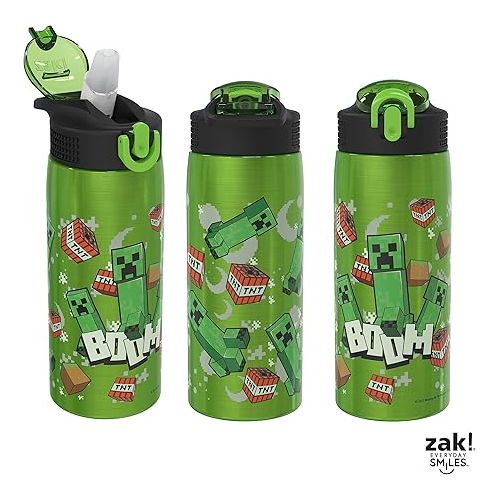  Zak Designs Minecraft Water Bottle for Travel and At Home, 19 oz Vacuum Insulated Stainless Steel with Locking Spout Cover, Built-In Carrying Loop, Leak-Proof Design (Creeper)