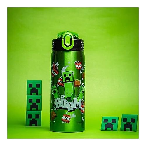  Zak Designs Minecraft Water Bottle for Travel and At Home, 19 oz Vacuum Insulated Stainless Steel with Locking Spout Cover, Built-In Carrying Loop, Leak-Proof Design (Creeper)
