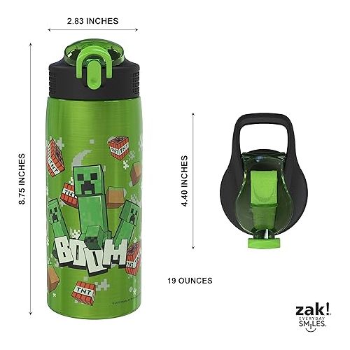  Zak Designs Minecraft Water Bottle for Travel and At Home, 19 oz Vacuum Insulated Stainless Steel with Locking Spout Cover, Built-In Carrying Loop, Leak-Proof Design (Creeper)