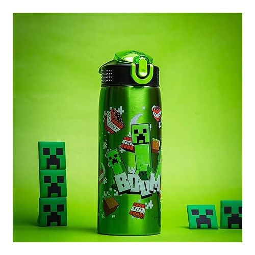  Zak Designs Minecraft Water Bottle for Travel and At Home, 19 oz Vacuum Insulated Stainless Steel with Locking Spout Cover, Built-In Carrying Loop, Leak-Proof Design (Creeper)