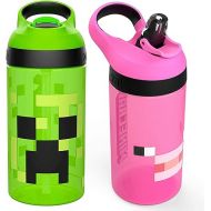Zak Designs Minecraft Kids Water Bottle with Straw and Built in Carrying Loop Set, Made of Plastic, Leak-Proof Water Bottle Designs (Creeper/Pig, 16 oz, BPA-Free, 2pc Set)