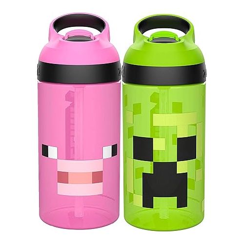  Zak Designs Minecraft Kids Water Bottle with Straw and Built in Carrying Loop Set, Made of Plastic, Leak-Proof Water Bottle Designs (Creeper/Pig, 16 oz, BPA-Free, 2pc Set)