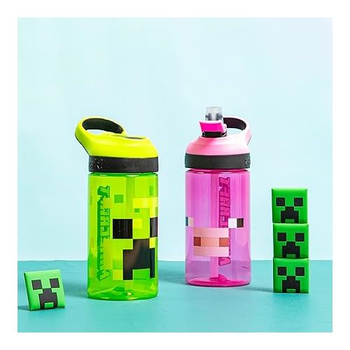 Zak Designs Minecraft Kids Water Bottle with Straw and Built in Carrying Loop Set, Made of Plastic, Leak-Proof Water Bottle Designs (Creeper/Pig, 16 oz, BPA-Free, 2pc Set)