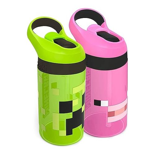  Zak Designs Minecraft Kids Water Bottle with Straw and Built in Carrying Loop Set, Made of Plastic, Leak-Proof Water Bottle Designs (Creeper/Pig, 16 oz, BPA-Free, 2pc Set)