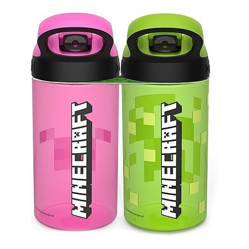  Zak Designs Minecraft Kids Water Bottle with Straw and Built in Carrying Loop Set, Made of Plastic, Leak-Proof Water Bottle Designs (Creeper/Pig, 16 oz, BPA-Free, 2pc Set)