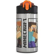 Zak Designs Minecraft - Stainless Steel Water Bottle with One Hand Operation Action Lid and Built-in Carrying Loop, with Straw Spout is Perfect for Kids (15.5 oz, 18/8, BPA-Free)