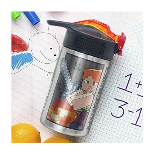  Zak Designs Minecraft - Stainless Steel Water Bottle with One Hand Operation Action Lid and Built-in Carrying Loop, with Straw Spout is Perfect for Kids (15.5 oz, 18/8, BPA-Free)