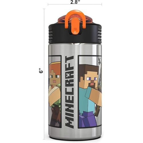  Zak Designs Minecraft - Stainless Steel Water Bottle with One Hand Operation Action Lid and Built-in Carrying Loop, with Straw Spout is Perfect for Kids (15.5 oz, 18/8, BPA-Free)