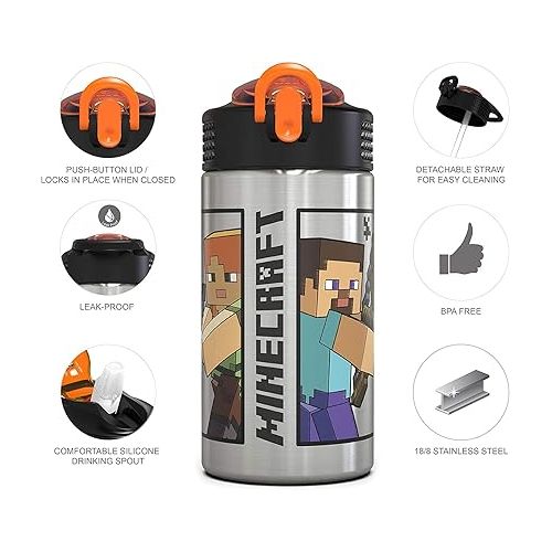  Zak Designs Minecraft - Stainless Steel Water Bottle with One Hand Operation Action Lid and Built-in Carrying Loop, with Straw Spout is Perfect for Kids (15.5 oz, 18/8, BPA-Free)