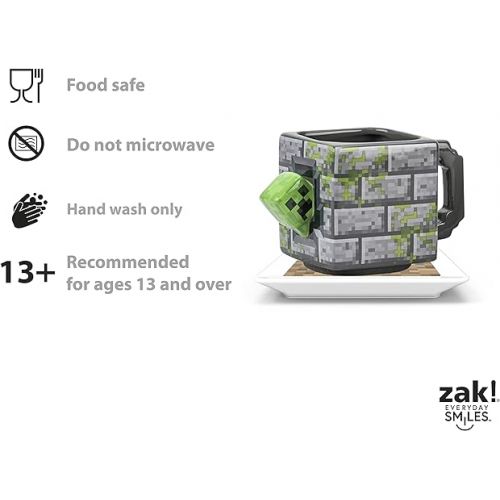  Zak Designs Minecraft Ceramic Sculpted Mug and Plate Set for Coffee, Tea, Breakfast or Dessert, 3D Character Collectible Keepsake (2-Piece, Non BPA, Creeper)