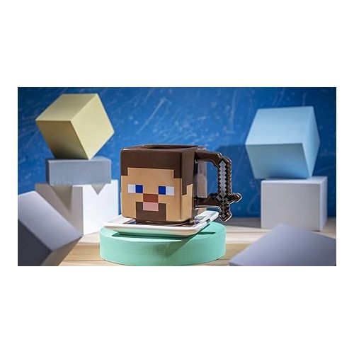  Zak Designs Minecraft Ceramic Sculpted Mug and Plate Set for Coffee, Tea, Breakfast or Dessert, 3D Character Collectible Keepsake (2-Piece, Non BPA, Steve)