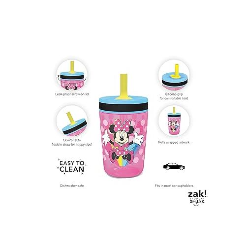  Zak Designs Disney Kelso Tumbler 15 oz Set (Minnie Mouse) Leak-Proof Screw-On Lid with Straw, Made of Durable Plastic and Silicone, Perfect Bundle for Toddlers, Kids