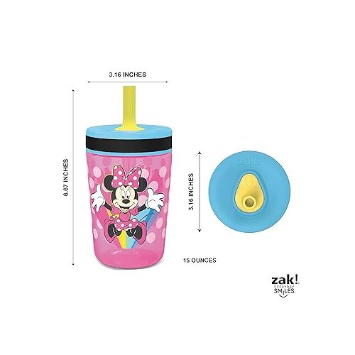  Zak Designs Disney Kelso Tumbler 15 oz Set (Minnie Mouse) Leak-Proof Screw-On Lid with Straw, Made of Durable Plastic and Silicone, Perfect Bundle for Toddlers, Kids