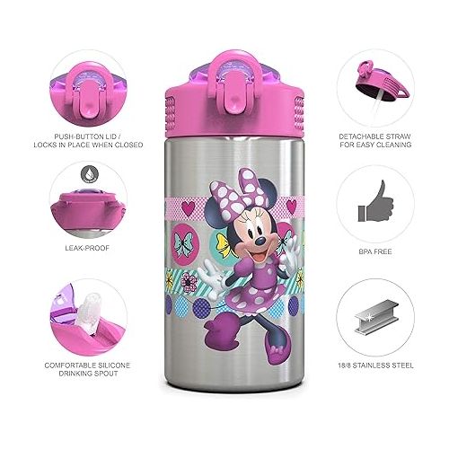  Zak Designs Disney Minnie’s Happy Helpers - Stainless Steel Water Bottle with One Hand Operation Action Lid and Built-in Carrying Loop, Kids Water Bottle with Straw Spout (15.5 oz, 18/8, BPA Free)