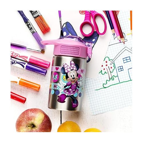  Zak Designs Disney Minnie’s Happy Helpers - Stainless Steel Water Bottle with One Hand Operation Action Lid and Built-in Carrying Loop, Kids Water Bottle with Straw Spout (15.5 oz, 18/8, BPA Free)