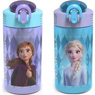 Zak Designs Disney Frozen 2 Kids Water Bottle Set with Reusable Straws and Built in Carrying Loops, Made of Plastic, Leak-Proof Designs 16 oz, BPA-Free, 2pc Set, Elsa & Anna (Frozen 2)
