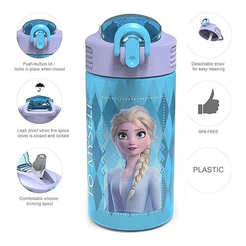  Zak Designs Disney Frozen 2 Kids Water Bottle Set with Reusable Straws and Built in Carrying Loops, Made of Plastic, Leak-Proof Designs 16 oz, BPA-Free, 2pc Set, Elsa & Anna (Frozen 2)