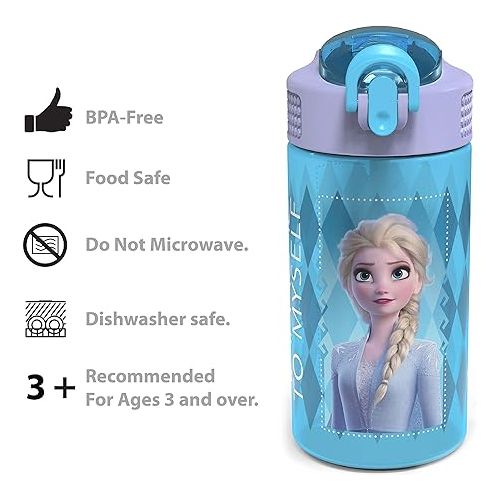  Zak Designs Disney Frozen 2 Kids Water Bottle Set with Reusable Straws and Built in Carrying Loops, Made of Plastic, Leak-Proof Designs 16 oz, BPA-Free, 2pc Set, Elsa & Anna (Frozen 2)