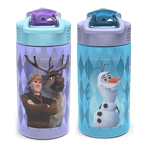  Zak Designs Disney Frozen 2 Kids Water Bottle Set with Reusable Straws and Built in Carrying Loops, Made of Plastic, Leak-Proof Designs 16 oz, BPA-Free, 2pc Set, Elsa & Anna (Frozen 2)