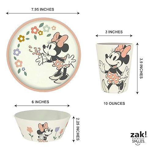  Zak Designs Disney Kids Dinnerware Set 3 Pieces, Durable and Sustainable Melamine Bamboo Plate, Bowl, and Tumbler are Perfect For Dinner Time With Family (Minnie Mouse)