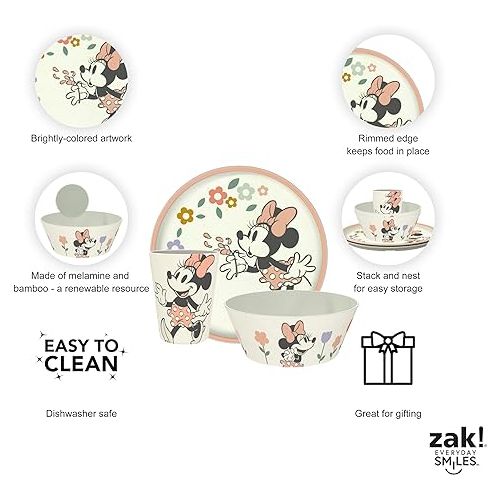  Zak Designs Disney Kids Dinnerware Set 3 Pieces, Durable and Sustainable Melamine Bamboo Plate, Bowl, and Tumbler are Perfect For Dinner Time With Family (Minnie Mouse)