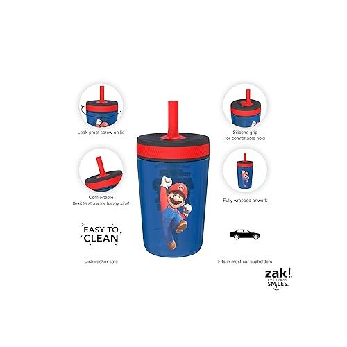  Zak Designs The Super Mario Bros. Movie Kelso Toddler Cups For Travel or At Home, 15oz 2-Pack Durable Plastic Sippy Cups With Leak-Proof Design is Perfect For Kids (Mario & Luigi)