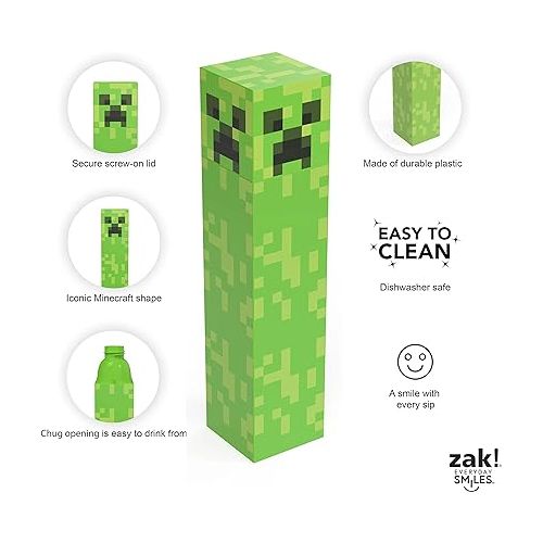  zak! Square Water Bottle, Minecraft Creeper - 22 oz - Durable, BPA-Free Plastic - Dishwasher Safe