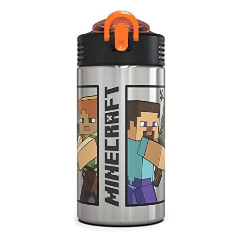  Zak Designs Minecraft - Stainless Steel Water Bottle with One Hand Operation Action Lid and Built-in Carrying Loop, Kids Water Bottle with Straw Spout is Perfect for Kids (15.5 oz,