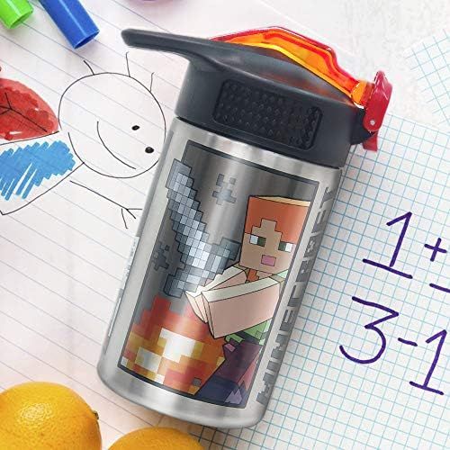  Zak Designs Minecraft - Stainless Steel Water Bottle with One Hand Operation Action Lid and Built-in Carrying Loop, Kids Water Bottle with Straw Spout is Perfect for Kids (15.5 oz,