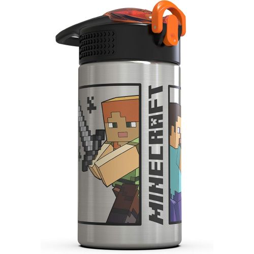  Zak Designs Minecraft - Stainless Steel Water Bottle with One Hand Operation Action Lid and Built-in Carrying Loop, Kids Water Bottle with Straw Spout is Perfect for Kids (15.5 oz,