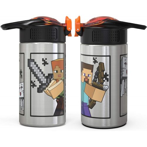  Zak Designs Minecraft - Stainless Steel Water Bottle with One Hand Operation Action Lid and Built-in Carrying Loop, Kids Water Bottle with Straw Spout is Perfect for Kids (15.5 oz,