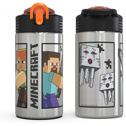  Zak Designs Minecraft - Stainless Steel Water Bottle with One Hand Operation Action Lid and Built-in Carrying Loop, Kids Water Bottle with Straw Spout is Perfect for Kids (15.5 oz,