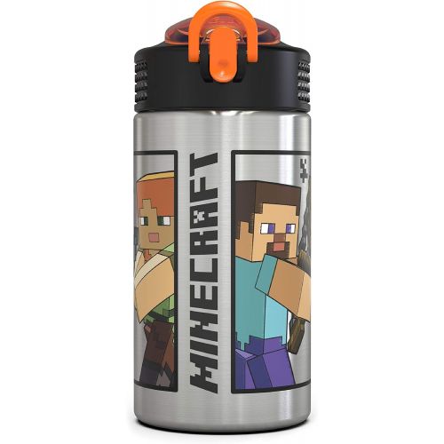  Zak Designs Minecraft - Stainless Steel Water Bottle with One Hand Operation Action Lid and Built-in Carrying Loop, Kids Water Bottle with Straw Spout is Perfect for Kids (15.5 oz,