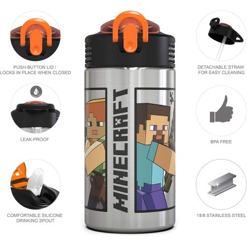  Zak Designs Minecraft - Stainless Steel Water Bottle with One Hand Operation Action Lid and Built-in Carrying Loop, Kids Water Bottle with Straw Spout is Perfect for Kids (15.5 oz,