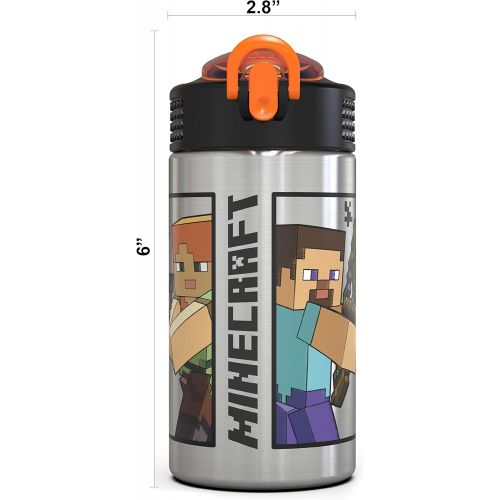  Zak Designs Minecraft - Stainless Steel Water Bottle with One Hand Operation Action Lid and Built-in Carrying Loop, Kids Water Bottle with Straw Spout is Perfect for Kids (15.5 oz,