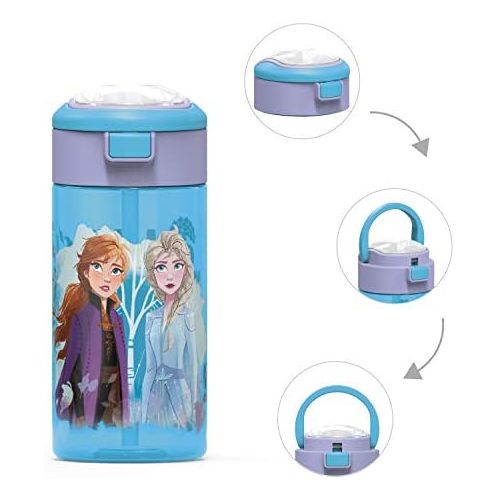  Zak Designs Frozen 2 Anna & Elsa Movie Durable Plastic Water Bottle ith Interchangeable Lid and Built In Carry Handle, (18oz)