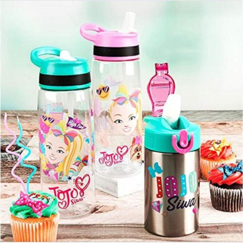  Zak Designs JoJo & BowBow (Pink) Straw and Built-in Carrying Loop Durable Water Bottle Has Wide Mouth and Break Resistant Design is Perfect for Kids, 25oz