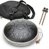 [아마존베스트]Zakjj Maya Drum 15 Notes 35 cm Steel Tongue Drum - Tuning Percussion Instrument - Handpan Drum Sets with Bag, Music Book, Mallets, Finger Picks, Black