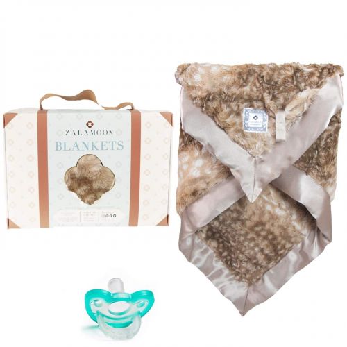  Zalamoon Luxie Pockets Blanket with Jollypop Pacifier, Baby Toddler Soft Plush Blanket with Pocket/Strap Holder, Fawn
