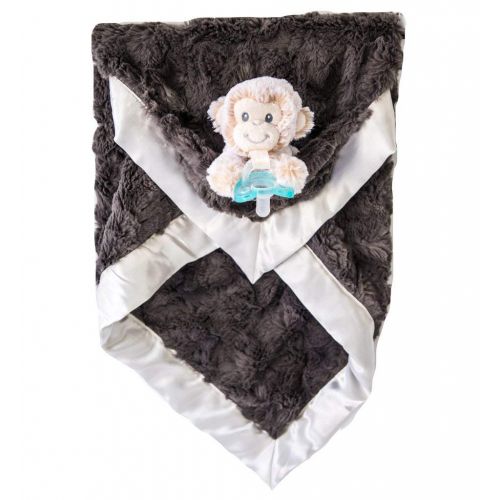  Zalamoon Luxie Pockets Blanket with RaZbuddy Marlow Monkey and Jollypop Pacifier, Baby Toddler Soft Plush Blanket with Pocket/Strap Holder, Charcoal Ivory