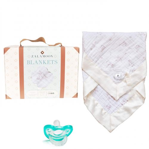  Zalamoon Luxie Pockets Blanket with Jollypop Pacifier, Baby Toddler 100% Cotton with Satin Trim Blanket with Pocket/Strap Holder, Hunny Bunny